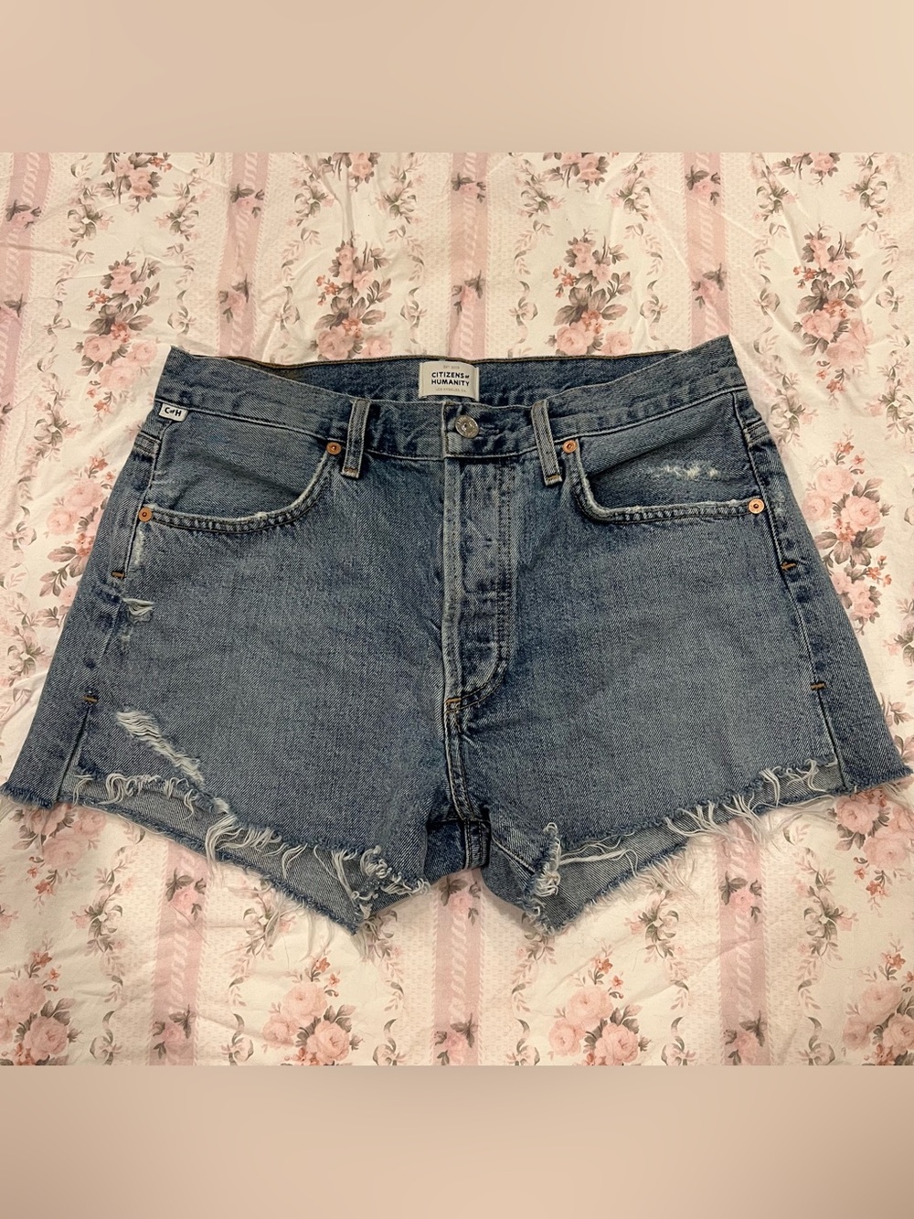 Citizens Of Humanity Premium Vintage Medium Blue Frayed Slit Hem Denim Shorts